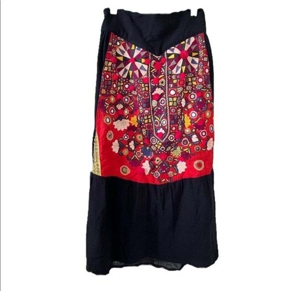 MALAIKA Embroidered Boho Peasant Skirt Black & Red Festival